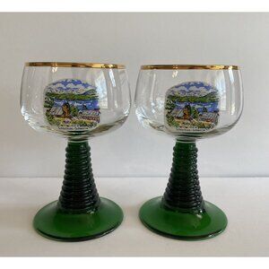 2 Vtg German Roemer Wine Glass Green Rib Beehive Stem 5” St Nicholas Church